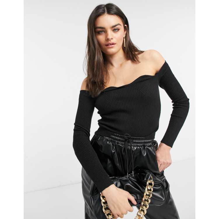 ASOS DESIGN – Schwarzer Pullover mit herzförmigem Carmen-Ausschnitt