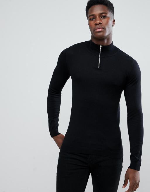 ASOS DESIGN – Schwarzer Pullover mit Strehkragen und Reißverschluss