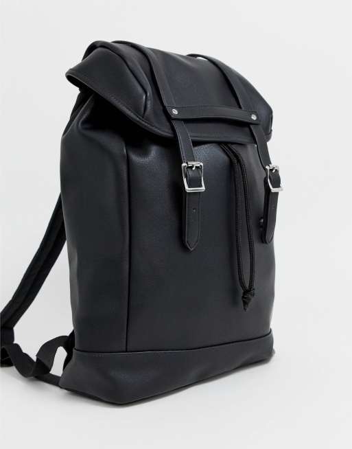 Asos Design Schwarzer Rucksack Aus Kunstleder Mit Doppelten Riemen Und Nieten Asos