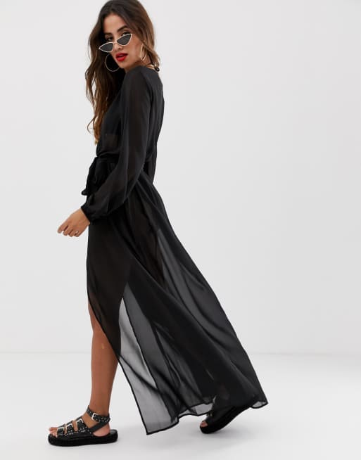 ASOS DESIGN – Schwarzes, langärmliges Maxi-Strandkleid aus Chiffon mit Kimono- und Wickeldesign, 2 von 4