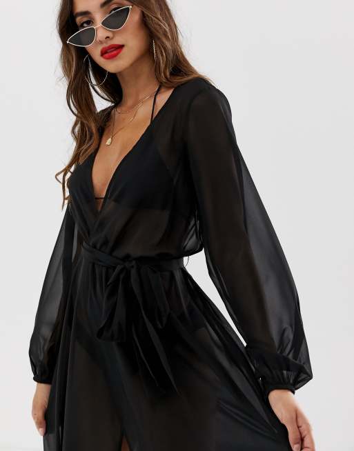 ASOS DESIGN – Schwarzes, langärmliges Maxi-Strandkleid aus Chiffon mit Kimono- und Wickeldesign, 3 von 4