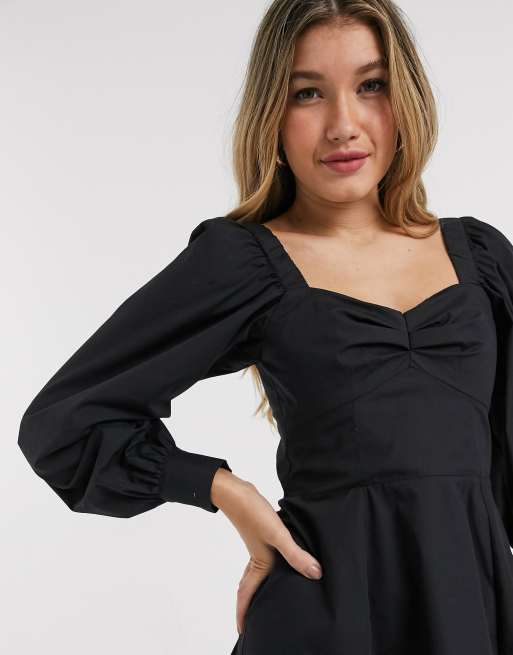 ASOS DESIGN – Schwarzes Mini-Skaterkleid mit Baumwolle, Sweetheart-Ausschnitt und Puffärmeln, 3 von 4