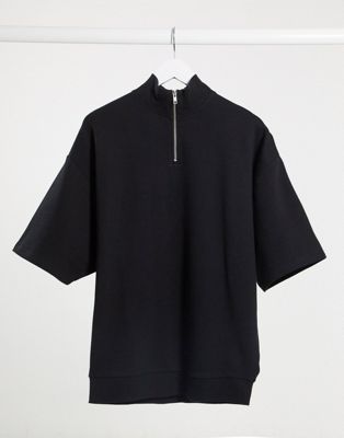 ASOS DESIGN – Schwarzes Oversize-T-Shirt mit kurzen Ärmeln und kurzem Reißverschluss
