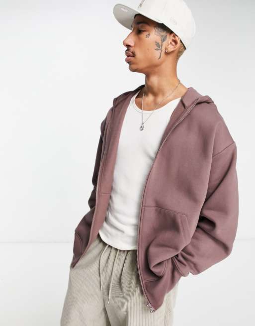 ASOS DESIGN – Schwere Oversize-Kapuzenjacke in verwaschenem Braun mit Reißverschluss