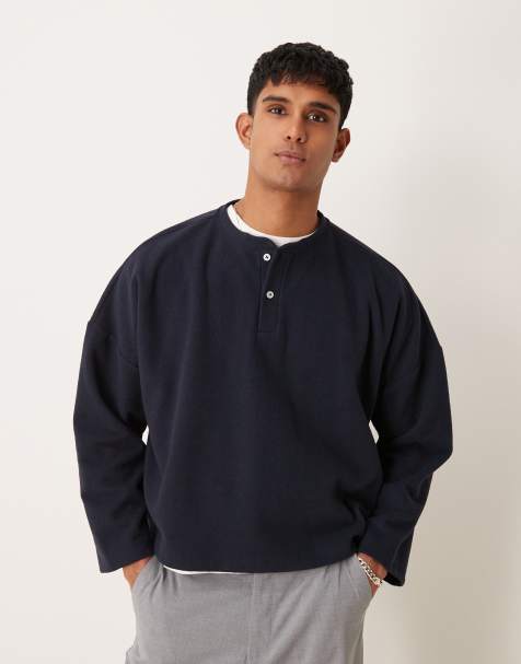 ASOS DESIGN – Schwerer, gerippter Henley-Pullover in Marineblau mit kurzem Super-Oversize-Schnitt - view 1