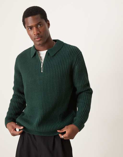 ASOS DESIGN – Schwerer, gerippter Oversize-Pullover aus Wollmix in Dunkelgrün mit kurzem Reißverschluss und Kragen