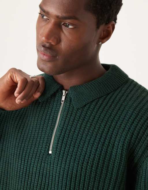 ASOS DESIGN – Schwerer, gerippter Oversize-Strickpullover aus Wollmix in Dunkelgrün mit kurzem Reißverschluss und Kragen, 2 von 4