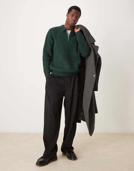 ASOS DESIGN – Schwerer, gerippter Oversize-Strickpullover aus Wollmix in Dunkelgrün mit kurzem Reißverschluss und Kragen, 4 von 4