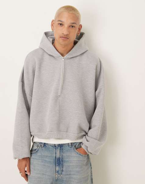 ASOS DESIGN – Schwerer kurzer Kapuzenpullover in Grau mit kurzem Reißverschluss und extremer Oversize-Passform - view 1