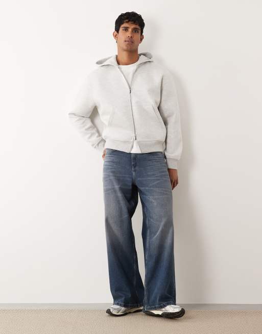 ASOS DESIGN schwerer, locker geschnittener Boxy-Kapuzenpullover mit Reißverschluss aus Scuba-ähnlichem Stoff in Eis-Melange, 2 von 5
