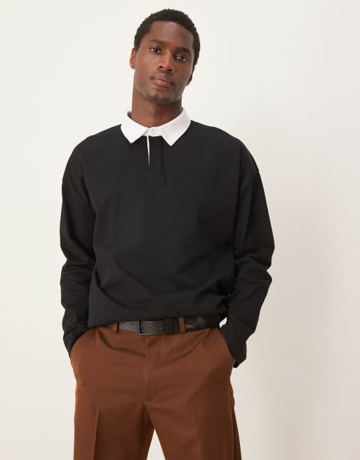 ASOS DESIGN – Schwerer Oversize-Pullover in Schwarz mit Kragen in Kontrastfarbe, 240 g schwer