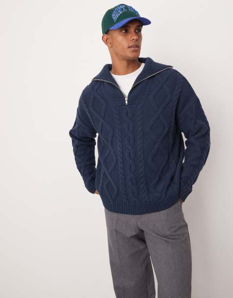 ASOS DESIGN – Schwerer Oversize-Strickpullover aus Wollmix in Marineblau mit Zopfmuster und kurzem Reißverschluss - view 1