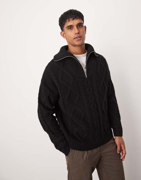 ASOS DESIGN – Schwerer Oversize-Strickpullover aus Wollmix in Schwarz mit Zopfmuster und kurzem Reißverschluss - view 1
