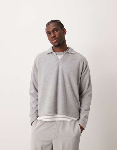 ASOS DESIGN – Schwerer Polo-Pullover in Grau mit Oversize-Schnitt und angerauter Rippenstruktur - view 1