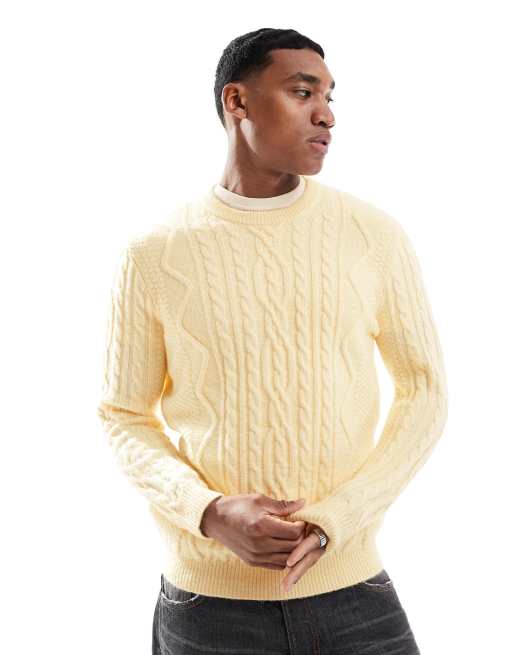 ASOS DESIGN – Schwerer Strickpullover mit Zopfmuster und Rundhalsausschnitt in Creme