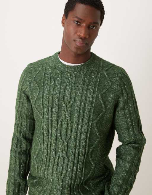 ASOS DESIGN – Schwerer Strickpullover mit Zopfmuster und Rundhalsausschnitt in Haferbeige