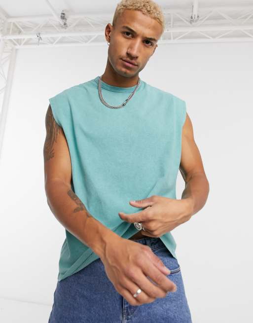 ASOS DESIGN – Schweres ärmelloses Oversize-T-Shirt mit Acid-Waschung in Hellblau