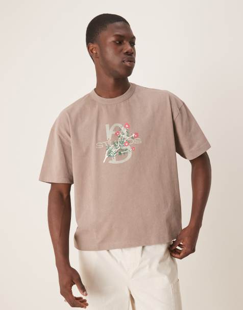 ASOS DESIGN – Schweres Boxy Fit Oversize-T-Shirt in verwaschenem Stein mit geblümter Text-Grafik, 220 g/m² - view 1