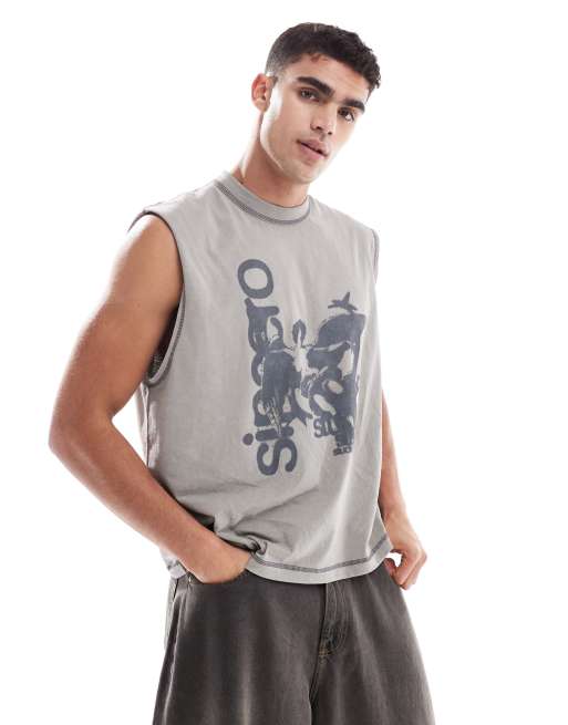 ASOS DESIGN – Schweres Boxy Fit Oversize-Tanktop in verwaschenem Grau mit Text-Grafik, 220 g/m²