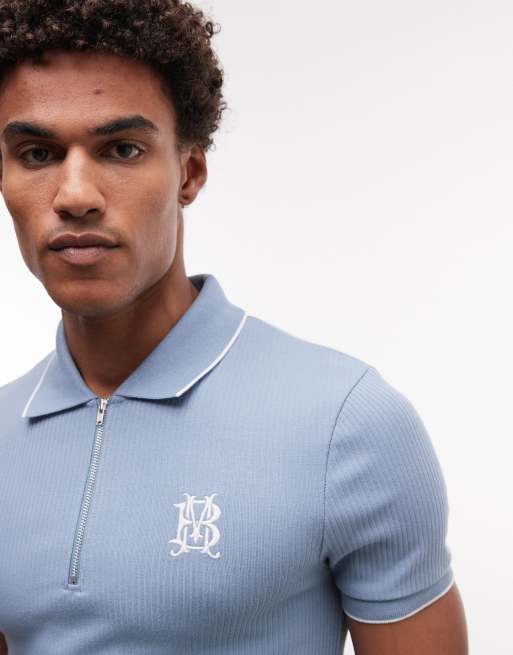 ASOS DESIGN – Schweres, geripptes Muskel-Polohemd in Blau mit auffälliger Stickerei, 3 von 5