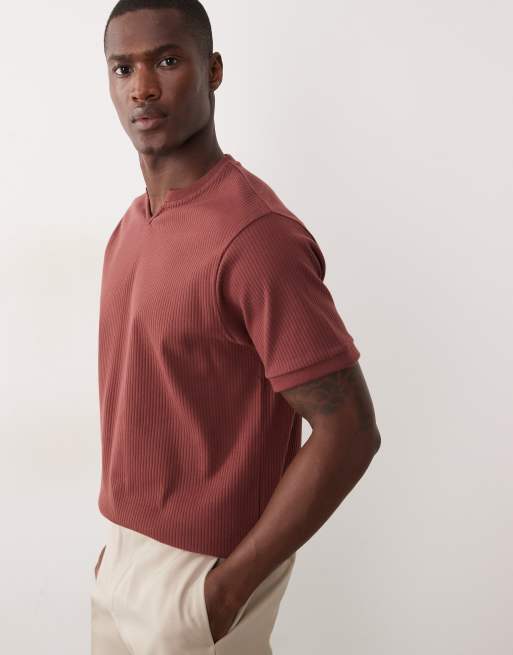 ASOS DESIGN – Schweres, geripptes T-Shirt in Burgunderrot mit eingekerbtem Ausschnitt und regulärer Passform, 4 von 5