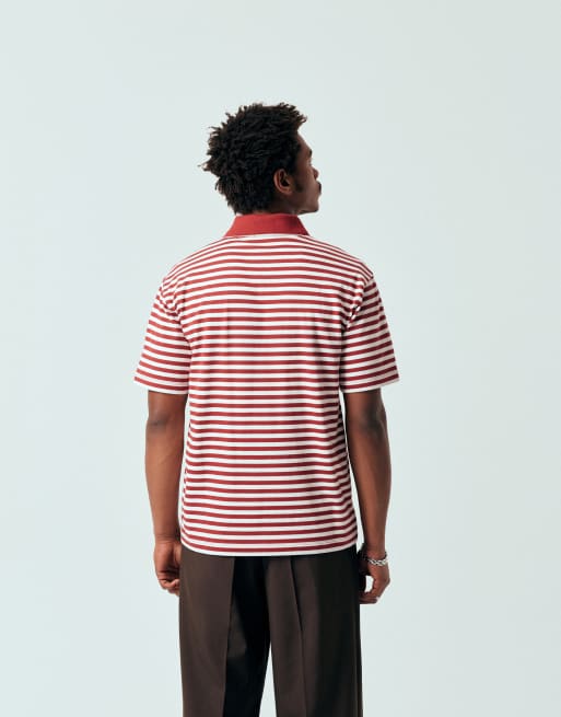 ASOS DESIGN – Schweres, gestreiftes Relaxed-Fit-Polohemd in Burgunderrot und Wollweiß, 3 von 5