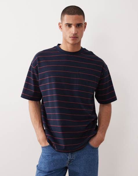 ASOS DESIGN – Schweres, gestreiftes T-Shirt in Marineblau und Burgunderrot mit Brusttasche in lockerer Passform - view 1