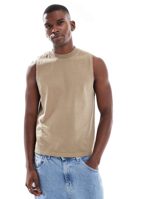 ASOS DESIGN – Schweres, gewaschenes Boxy-Fit-Tanktop in Stein mit Rundhalsausschnitt, 280 g/m²
