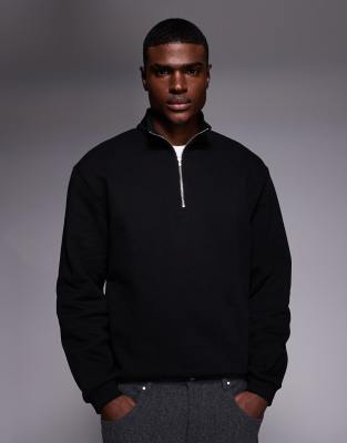 Schweres, hochwertiges Sweatshirt in Schwarz mit kurzem Reißverschluss, 400 g/m² Schwarz M