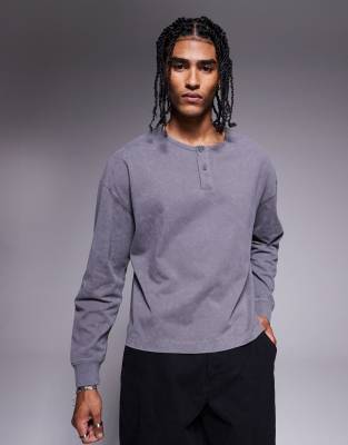 Schweres, kastiges, langärmliges Oversize-T-Shirt in gewaschenem Grau mit Henley-Kragen Grau XL