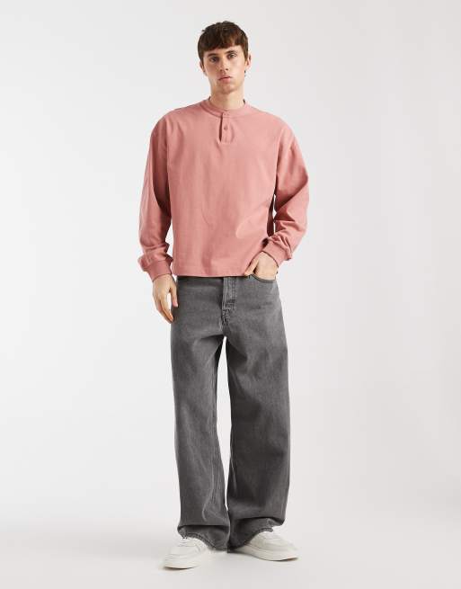 ASOS DESIGN – Schweres, kastiges, langärmliges Oversize-T-Shirt in Rosa mit Henley-Ausschnitt  , 2 von 5