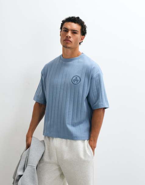 ASOS DESIGN – Schweres, kastiges Oversize-T-Shirt in Blau Stickerei auf der Brust - view 1