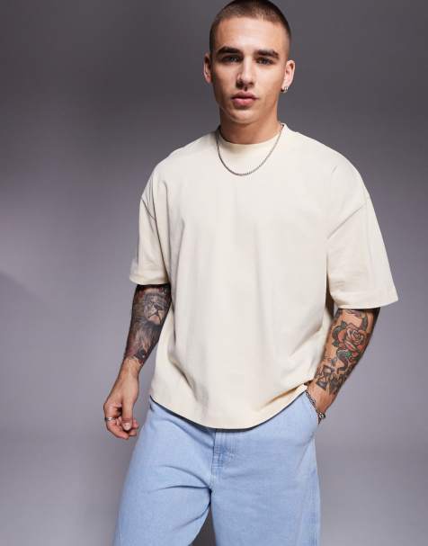 ASOS DESIGN – Schweres, kastiges Oversize-T-Shirt in Creme mit tief angesetzten Schultern - view 1