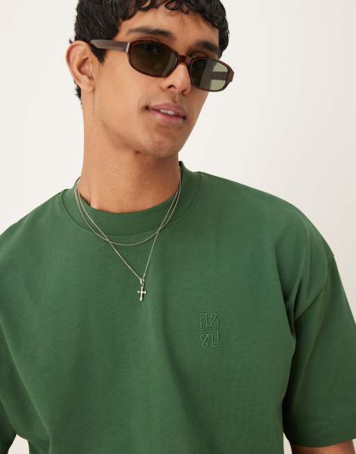 ASOS DESIGN – Schweres, kastiges Oversize-T-Shirt in Grün mit überschnittenen Schultern  , 3 von 4