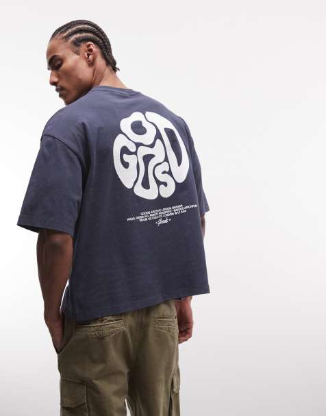 ASOS DESIGN – Schweres, kastiges Oversize-T-Shirt in marineblauer Waschung mit Grafik am Rücken - view 1