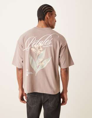Schweres, kastiges Oversize-T-Shirt in verwaschenem Braun mit Blumenprint-Brown Brown XL