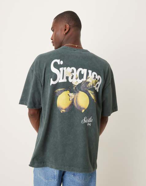 ASOS DESIGN – Schweres, kastiges Oversize-T-Shirt in verwaschenem Grün mit Obst-Grafikprint - view 1