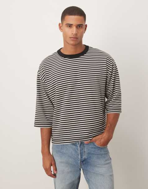 ASOS DESIGN – Schweres, kastiges Oversize-T-Shirt mit halblangen Ärmeln und Streifen in Schwarz und Weiß - view 1