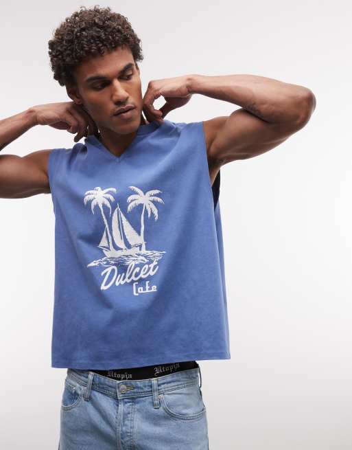 ASOS DESIGN – Schweres, kastiges Oversize-Trägershirt in blauer Waschung mit Segelboot-Print, 4 von 5