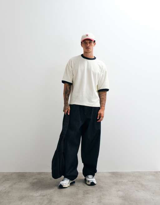 ASOS DESIGN – Schweres, kastiges Ringer-T-Shirt aus cremefarbenem Frotteestoff in Oversize-Passform, 2 von 5