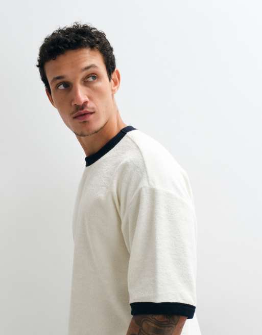 ASOS DESIGN – Schweres, kastiges Ringer-T-Shirt aus cremefarbenem Frotteestoff in Oversize-Passform, 3 von 5