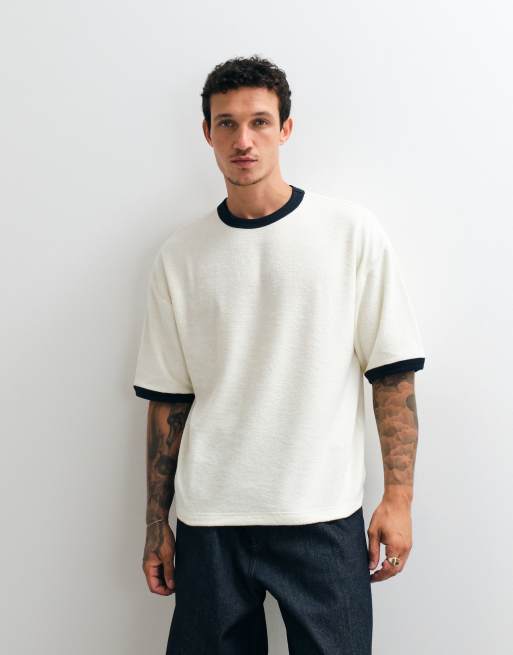ASOS DESIGN – Schweres, kastiges Ringer-T-Shirt aus cremefarbenem Frotteestoff in Oversize-Passform, 4 von 5