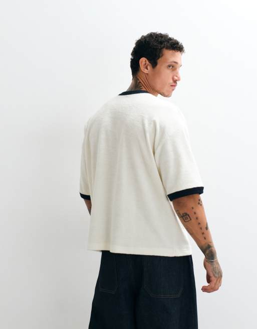 ASOS DESIGN – Schweres, kastiges Ringer-T-Shirt aus cremefarbenem Frotteestoff in Oversize-Passform, 5 von 5