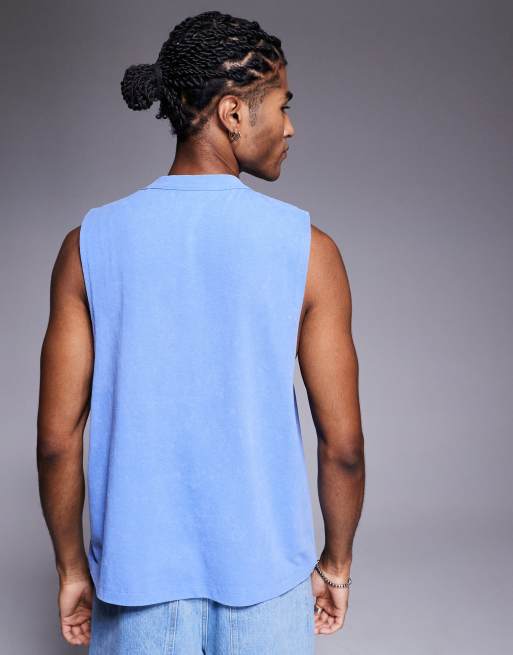 ASOS DESIGN – Schweres, kastiges Trägertop in Blau mit Grafikprint vorne , 4 von 4