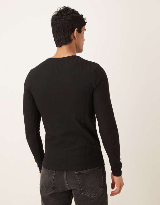 ASOS DESIGN – Schweres, langärmliges Muskelshirt aus geripptem Jacquard in Schwarz , 3 von 5