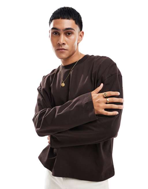 ASOS DESIGN – Schweres, langärmliges Oversize-Shirt in Dunkelbraun mit kastigem Schnitt, 240 g/m² 