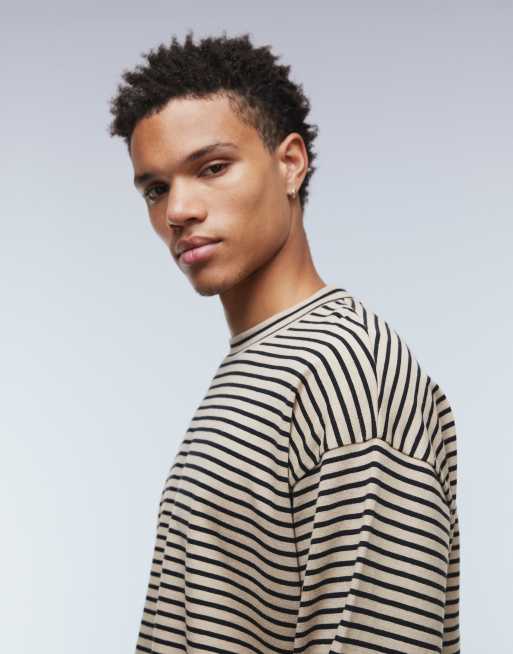 ASOS DESIGN – Schweres, langärmliges Oversize-Shirt mit Streifen in Schwarz und Beige , 4 von 5