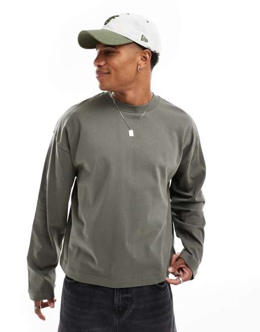ASOS DESIGN – Schweres, langärmliges Oversize-T-Shirt in Boxy-Passform in Khaki, 240 g/m² 