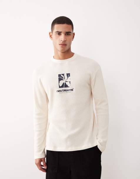 ASOS DESIGN – Schweres, langärmliges Oversize-T-Shirt in Creme mit Waffelstruktur und Grafik-Motiv - view 1