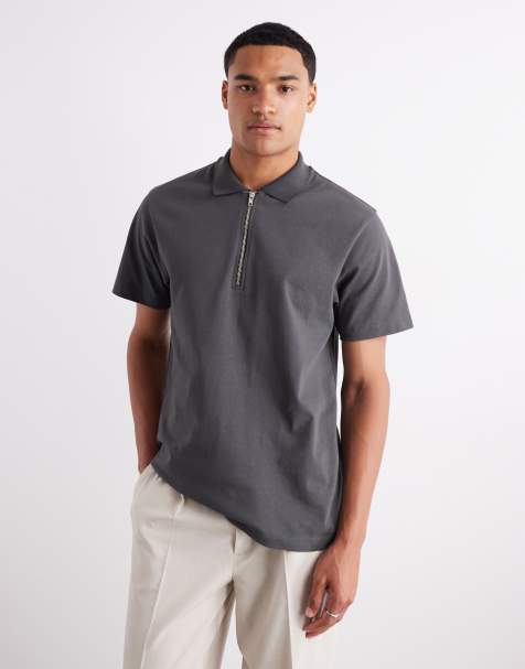 ASOS DESIGN – Schweres, langärmliges Polohemd in Anthrazit mit kurzem Reißverschluss und Stickerei-Detail, 240 g/m² - view 1